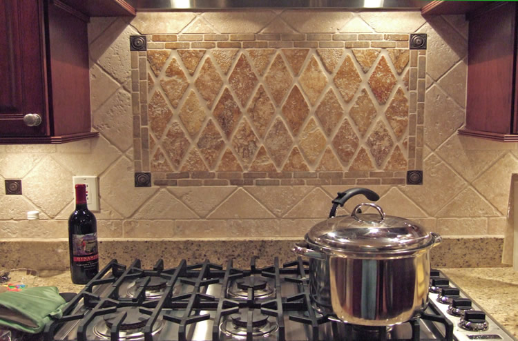 Diamond tile picture framed kitchen backsplash with metal tile corners