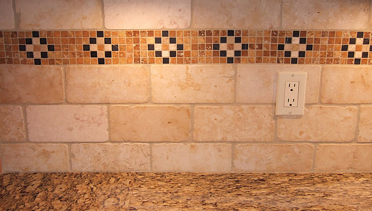 Kitchen counter tile backsplash brick size running bond tumbled marble